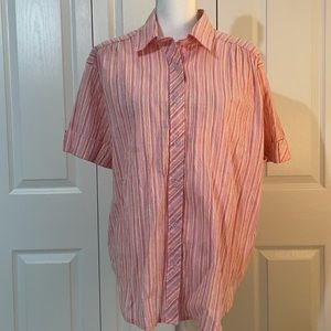 Bon Worth Women’s SZ LR Short Sleeve Pink Striped Button Down Blouse